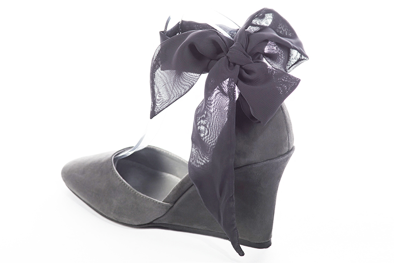Dove grey women's open side shoes, with a scarf around the ankle. Round toe. Very high wedge heels. Rear view - Florence KOOIJMAN